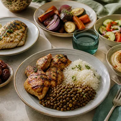 Halal table with grilled chicken, baked fish, lentils, rice, roasted vegetables, hummus, salad and dates.