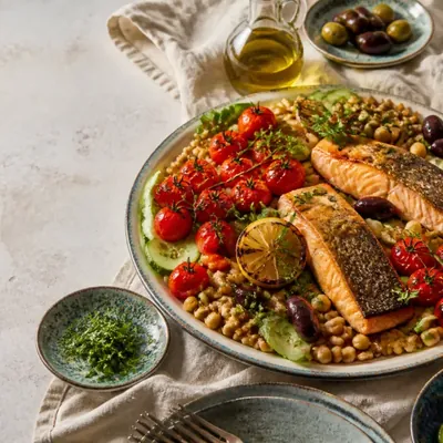 Grilled salmon with tomatoes, chickpeas, cucumber, olives, lemon and whole grains on a Mediterranean table.
