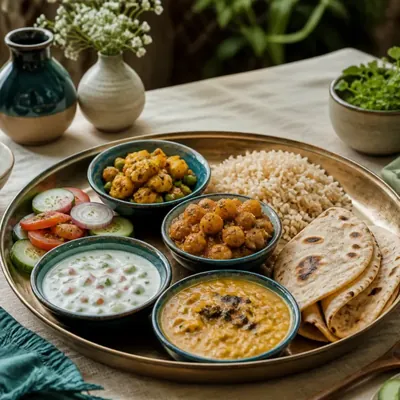 South Asian thali with lentil dal, chickpeas, vegetable sabzi, brown rice, roti, raita and salad.