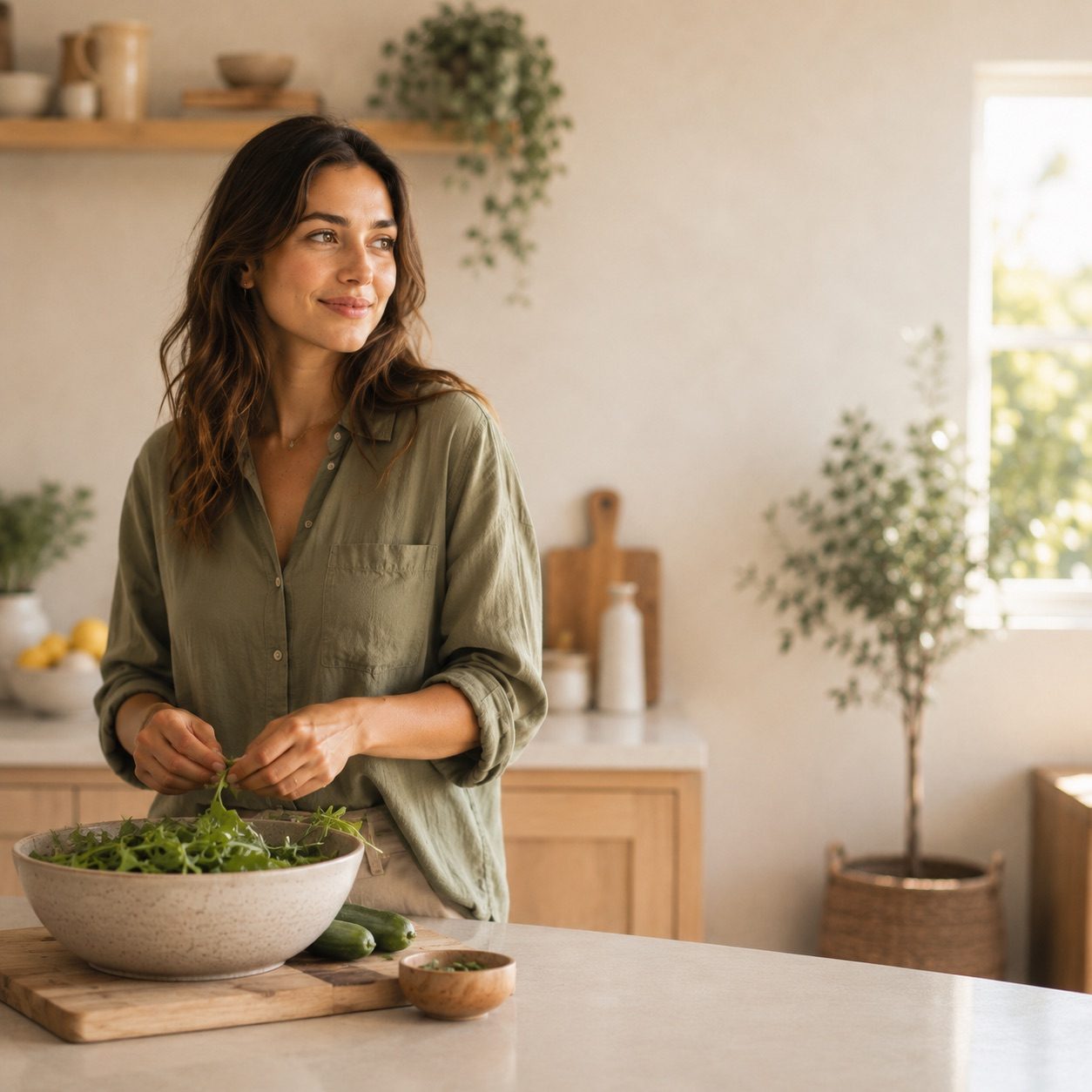 Woman preparing a bowl of fresh greens at a sunlit kitchen counter