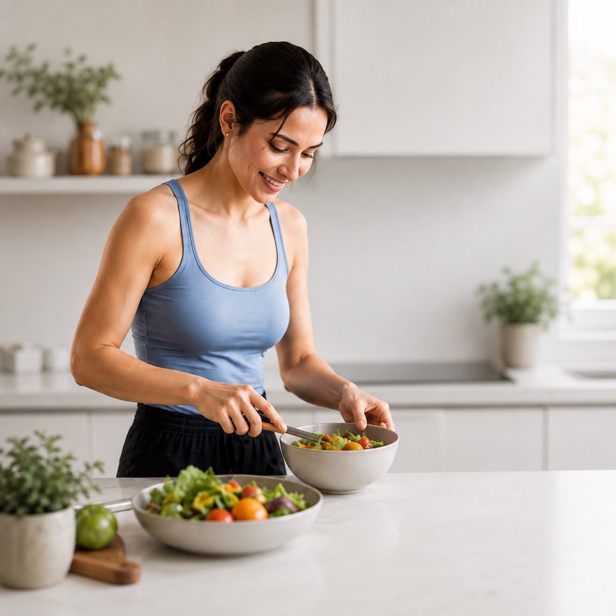 Woman tossing a colourful salad at a bright kitchen counter