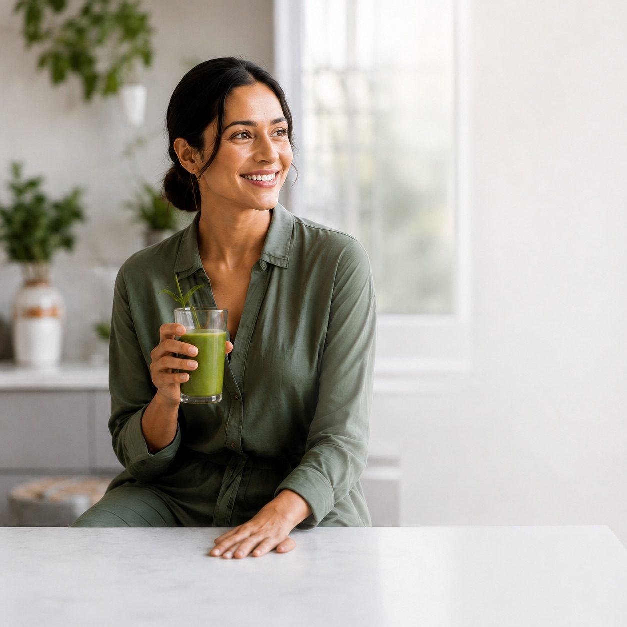 Woman holding a glass of fresh green juice at a sunlit kitchen counter
