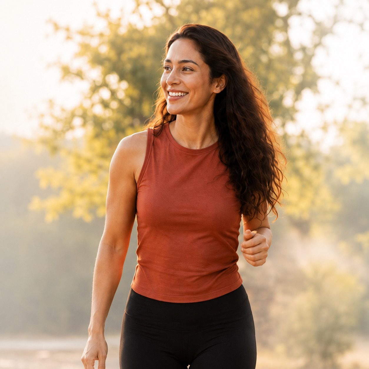 Woman walking outdoors at golden hour, smiling