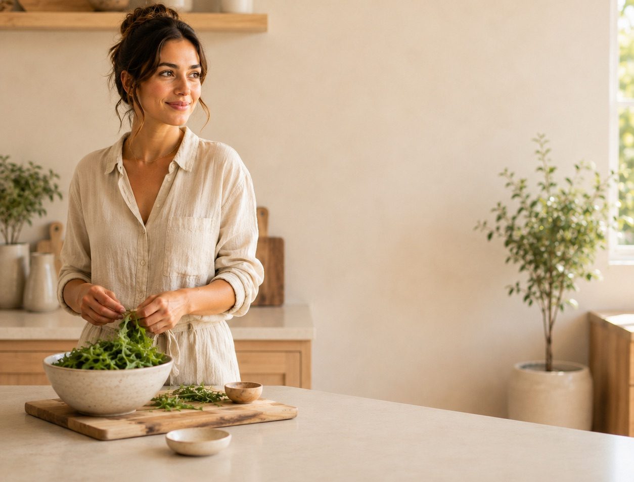 Woman tossing a bowl of fresh greens at a sunlit kitchen counter