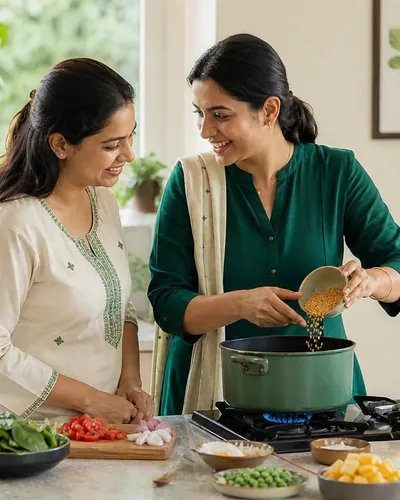 Two women cooking daal and sabzi together in a home kitchen.