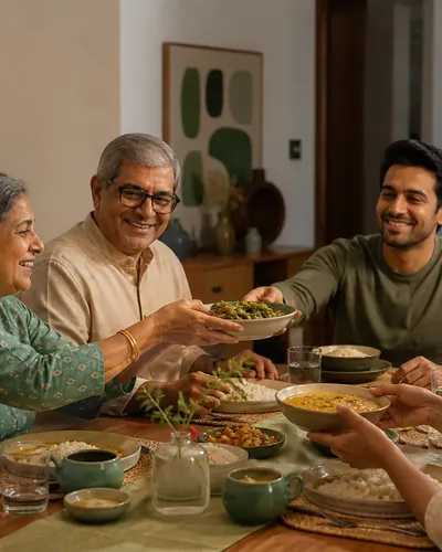 A family sharing a balanced South Asian meal around the table.